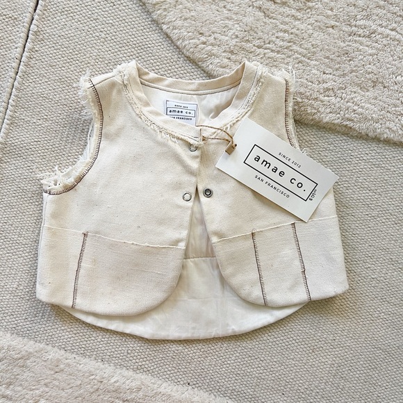 Amae Co OOAK Fringed Western Blanket Camp Striped Vest White Cream Brown 4-5T - Picture 2 of 16